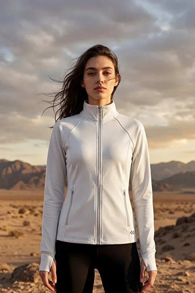White Zippered Stand-Up Collar Basic Relaxed Fit Women's Running Jacket - 97310