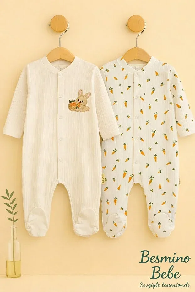 RABBIT EMBROIDERED, PRINTED BABY 2-PIECE %100 COTTON OVERALL