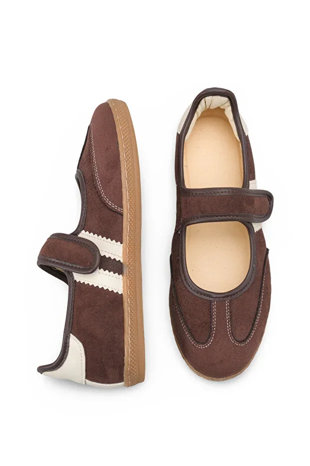 Bitter Coffee Suede Sports Ballet Flat Velcro Flat Sole Retro Sneaker Women's Shoes