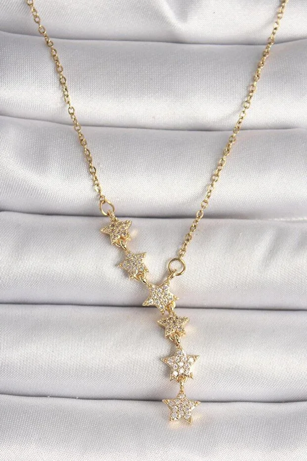 Sliding Star Silver-Gold Rhodium Plated Y Necklace with Shiny Zircon Stone