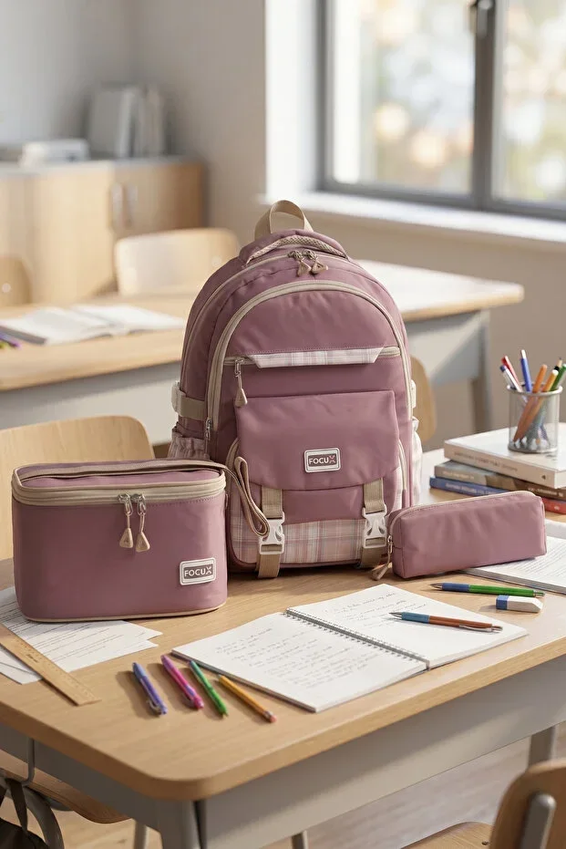 -1396 3-Piece Set Children's Primary School Middle School Backpack with Pencil Case and Lunch Bag LILAC