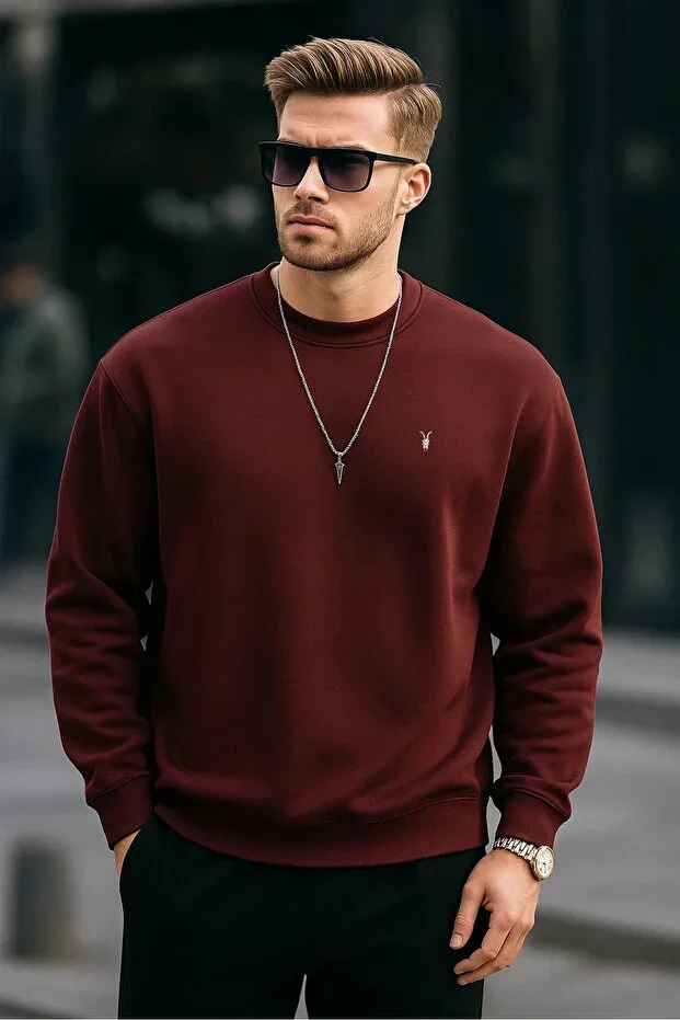 Bordo Color Basic Bicycle Collar Relaxed Regular Men's Sweatshirt