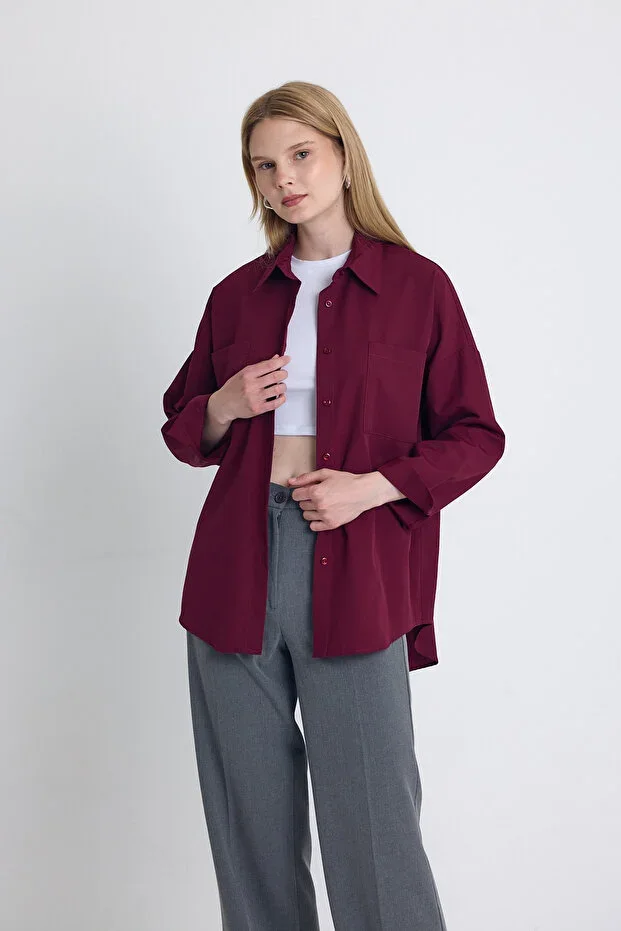 Rays Burgundy Double Pocket Oversize Long Basic Shirt TCR 6256A