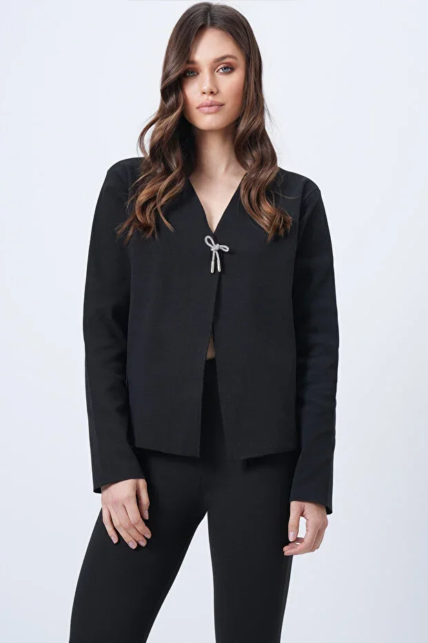 Black V-Neck Cardigan with Brooch Detail ALC-X14717