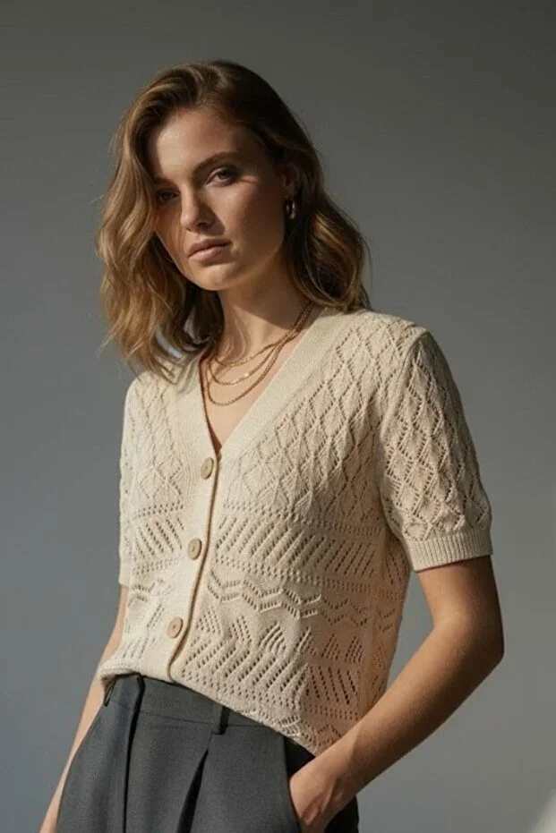 Women's Organic Cotton Wood Button Short Sleeve Lace Knit Cardigan 7256 Beige