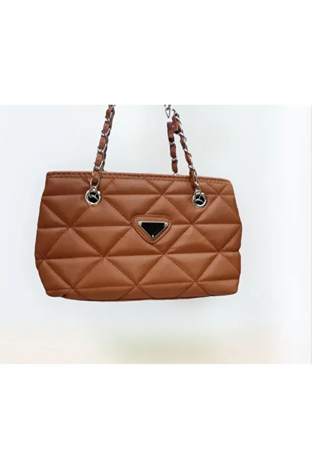 Women's Tan Quilted 3 Compartment Zipper Closure Chain Strap Lined Hand, Arm, and Shoulder Bag