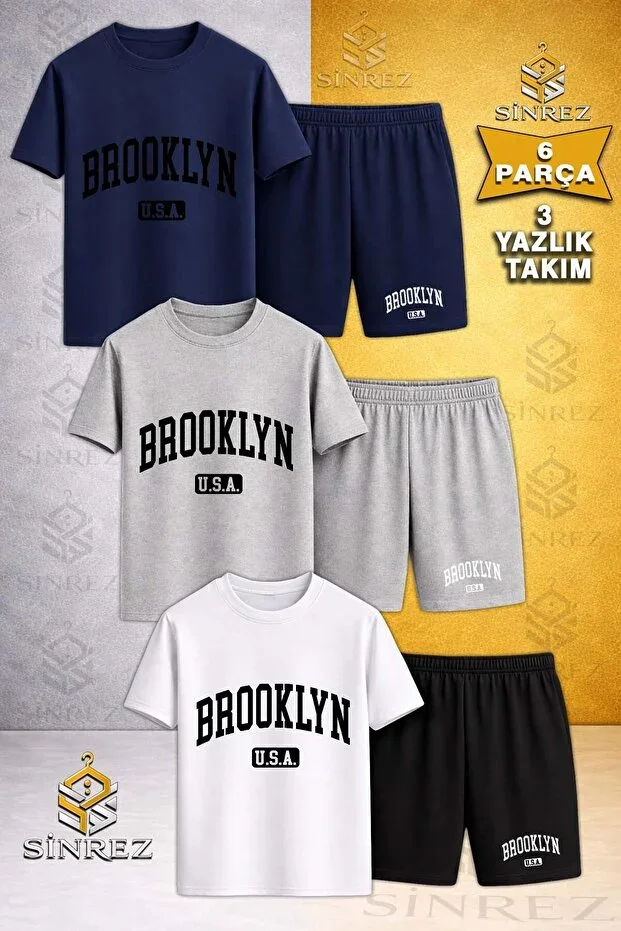 3-Piece Kids BROOKLYN ALT USA BLACK Special Print Crew Neck T-shirt - Shorts Set