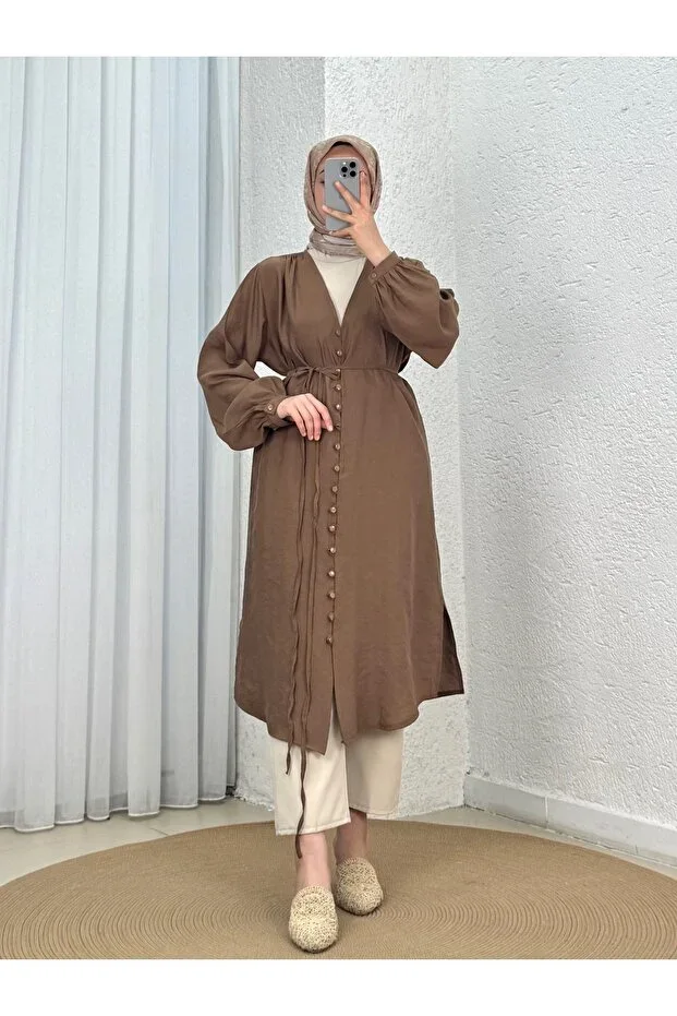 BENAHOLL Lunana Buttoned Front Trimmed Modal Cupra Long Tunic-EK612 Light Brown