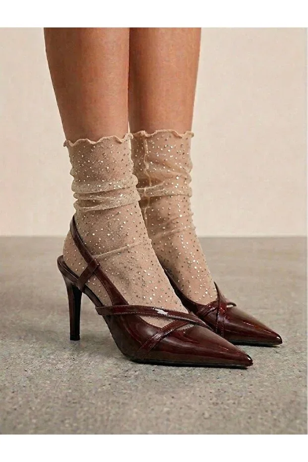 Silver Threaded Beige Tulle Socks