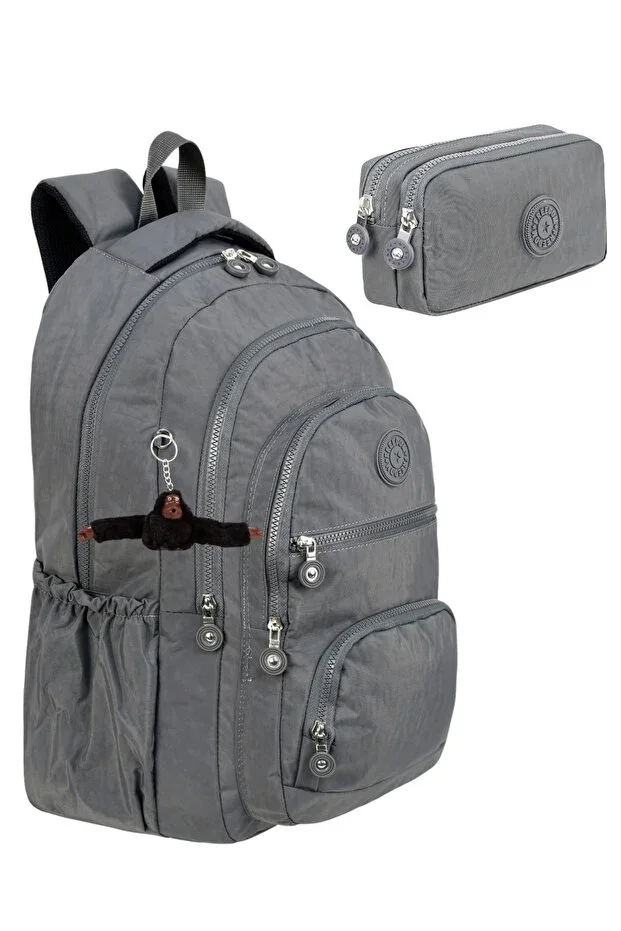 2-Piece Set Luxury Crinkle Fabric High School and Middle School Backpack + Pencil Case, Monkey Keychain Gift