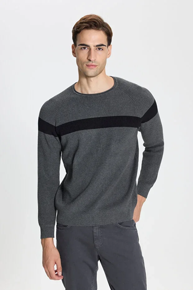 Antrasit-Siyah Standard Fit Regular Cut Crew Neck Patterned Knit Sweater