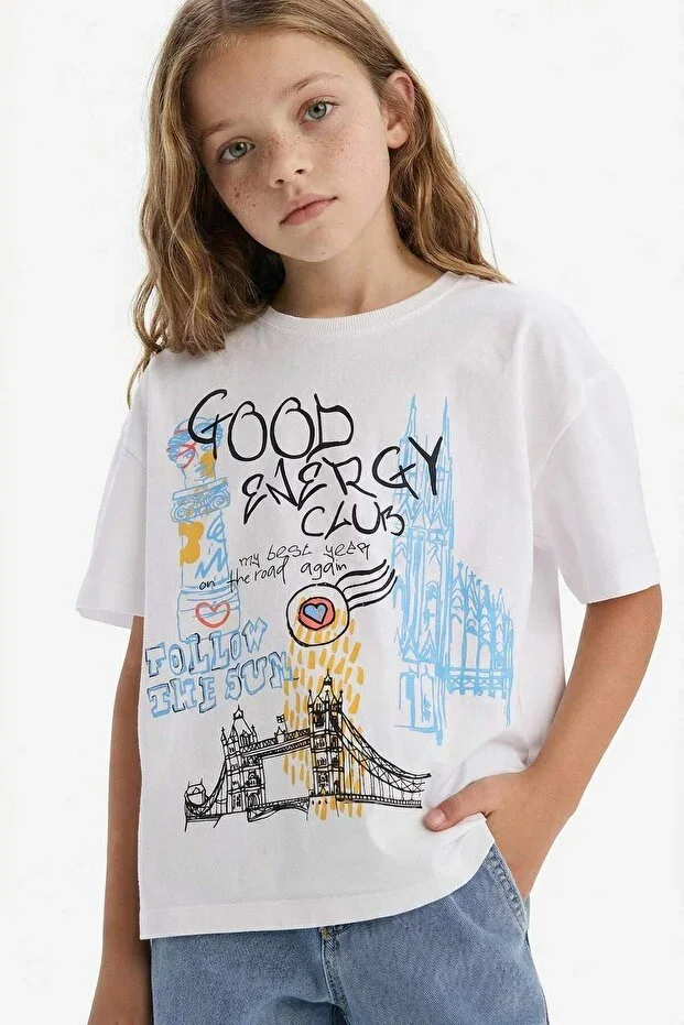 %100 Cotton Oversize Wide Fit Round Neck Printed Short Sleeve T-shirt Girl E0356A825SM