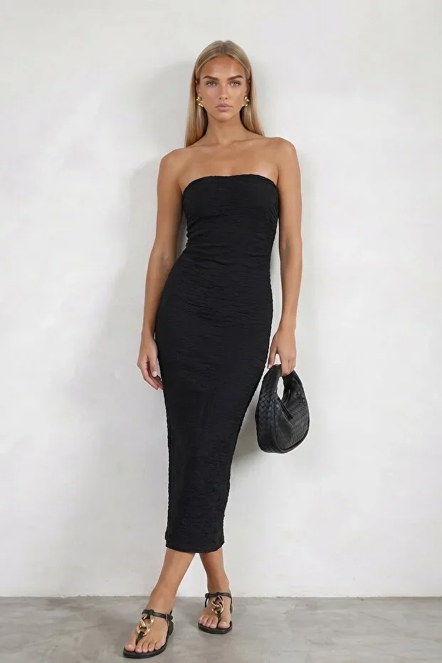 Black Crushed Fabric Side Ruched Summer Strapless Dress ALC-X13413