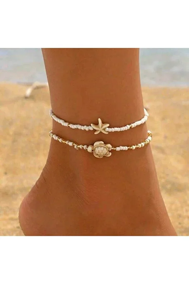 Caretta 2-Piece Beaded Anklet Set