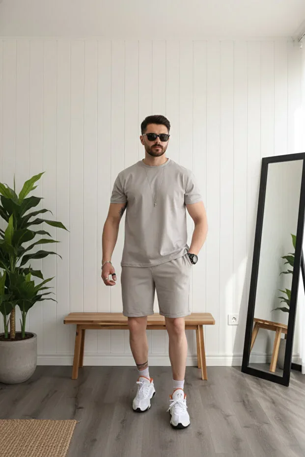 Men's Stone Regular Fit 100% Cotton Lycra Jersey Fabric Summer Tracksuit Set