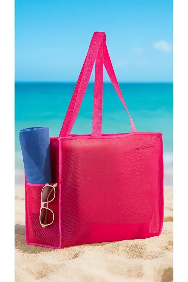 Large Size Sand-Free Pink Mesh Beach Bag and Shopping Bag