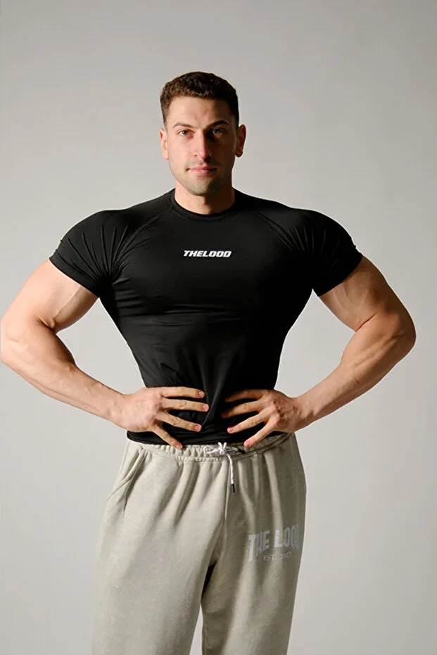 Black Short Sleeve Compression T-shirt Athlete Bodysuit