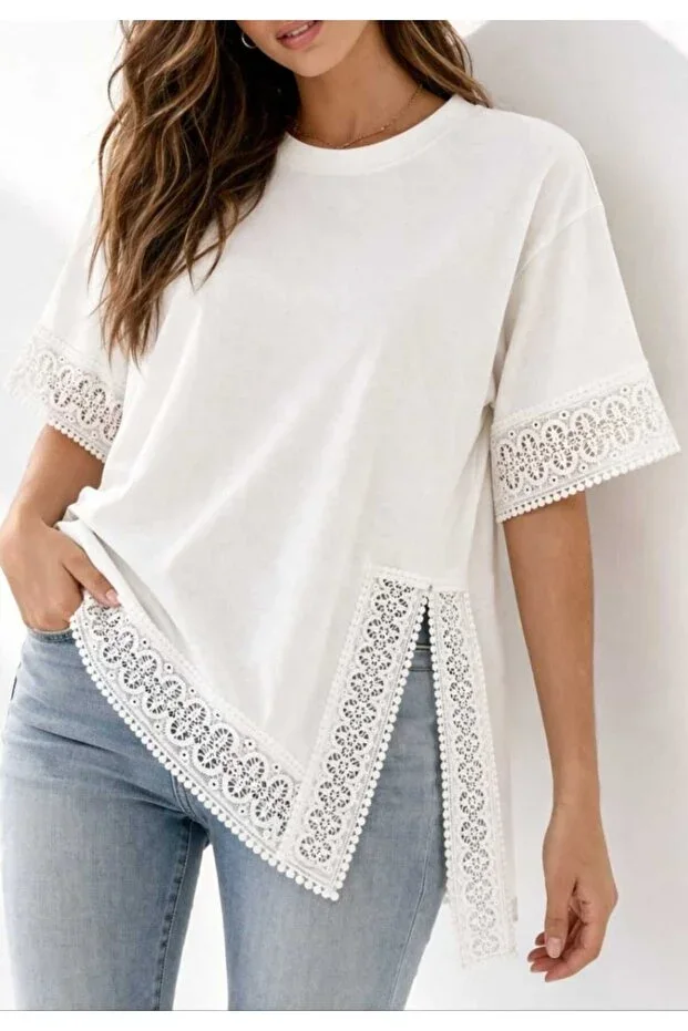 New Season Women's Crew Neck Modal Cotton Lace Detailed Asymmetrical Cut Basic Short Sleeve T-Shirt