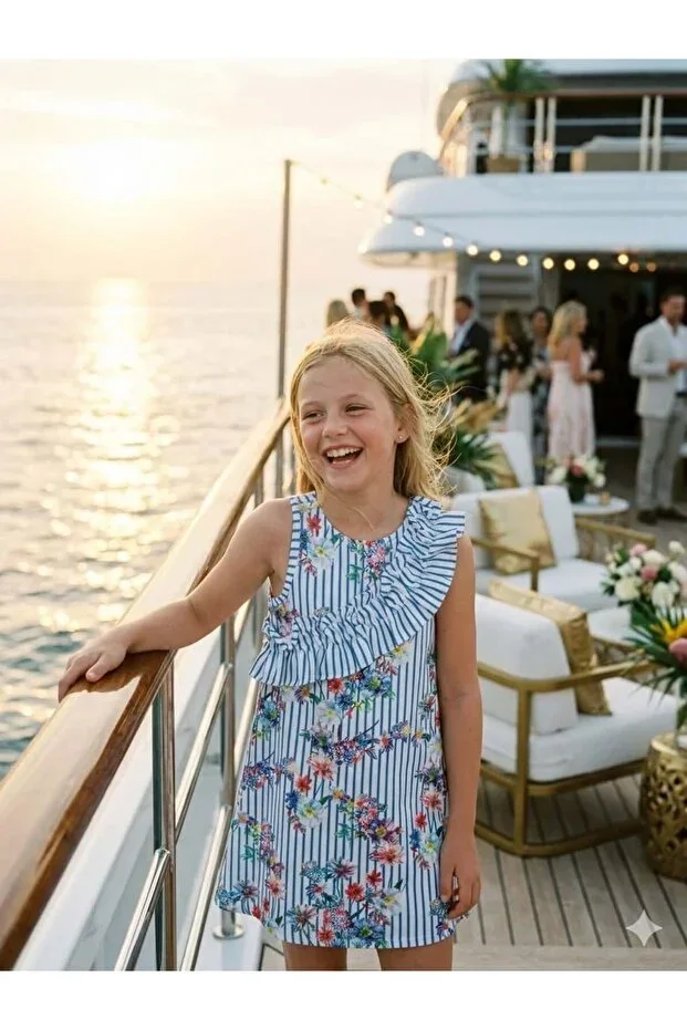 Girls' Chest Ruffled Striped Colorful Floral Print Dress