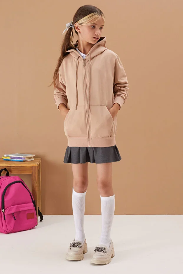 Girls' Hooded Zip-Up Beige School Cardigan 16193