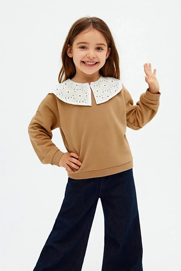 Girls Brocade Collar %100 Cotton Sweatshirt - Decorative Brocade Collar Kids Sweat