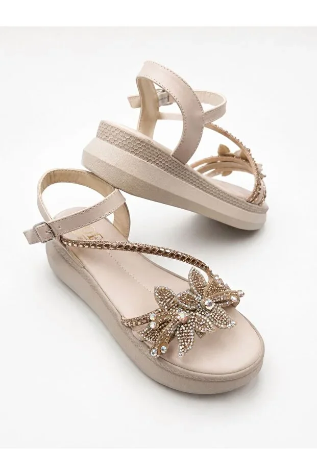 M&R Yorguner Modern Fantasy Design: Women's Jeweled Sandal Premium Quality Sparkling Flower Detailed Orthopedic Wedge Thick Sole Stylish & Casual Summer Sandal