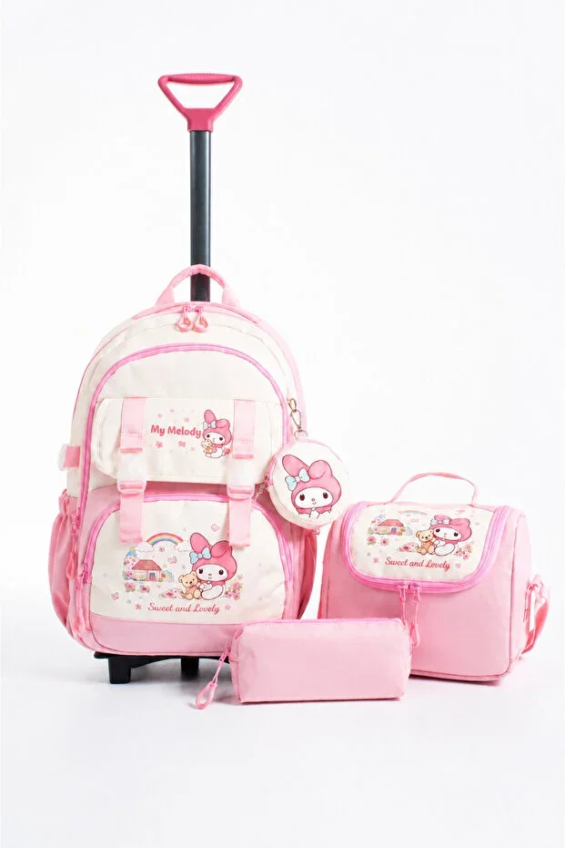 4-Piece Rolling School Bag Set Orthopedic Backpack - Imported Fabric, Thermal Lunch Bag, Pencil Case, and Wallet (Fixed Trolley, Folding Front Foot)