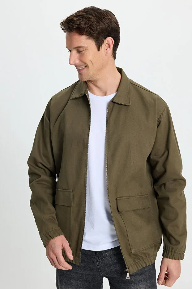 Men's Relax Fit Double Pocket Flap Zipper Waistband Plain Khaki Jacket Coat Shirt