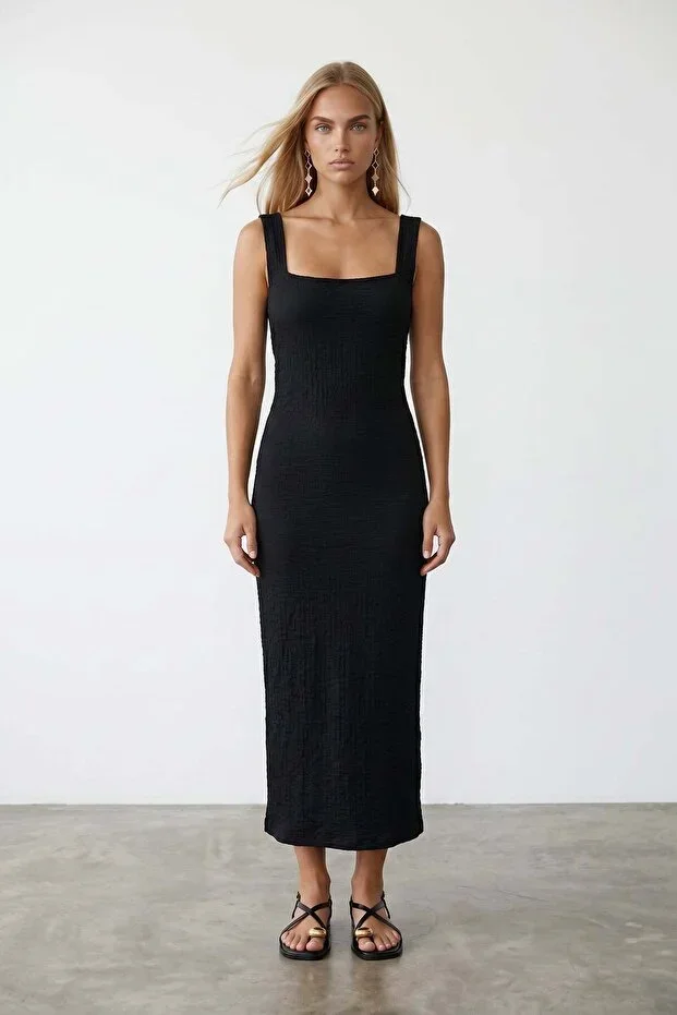Black Square Neck Strappy Ruched Dress Alc-X15523