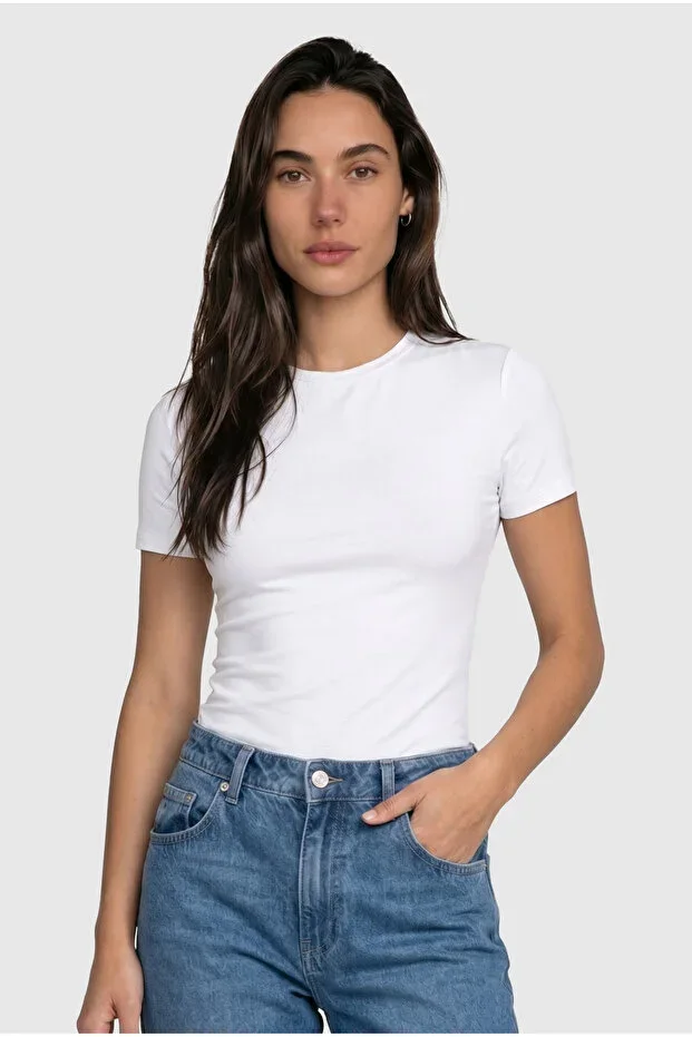 Women's Crew Neck Cotton Short Sleeve Slim Fit Basic Blouse White