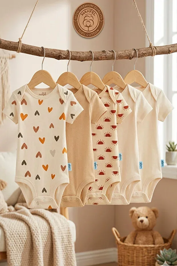 %100 Organic Cotton Snap Short Sleeve Baby Bodysuit 5-Pack