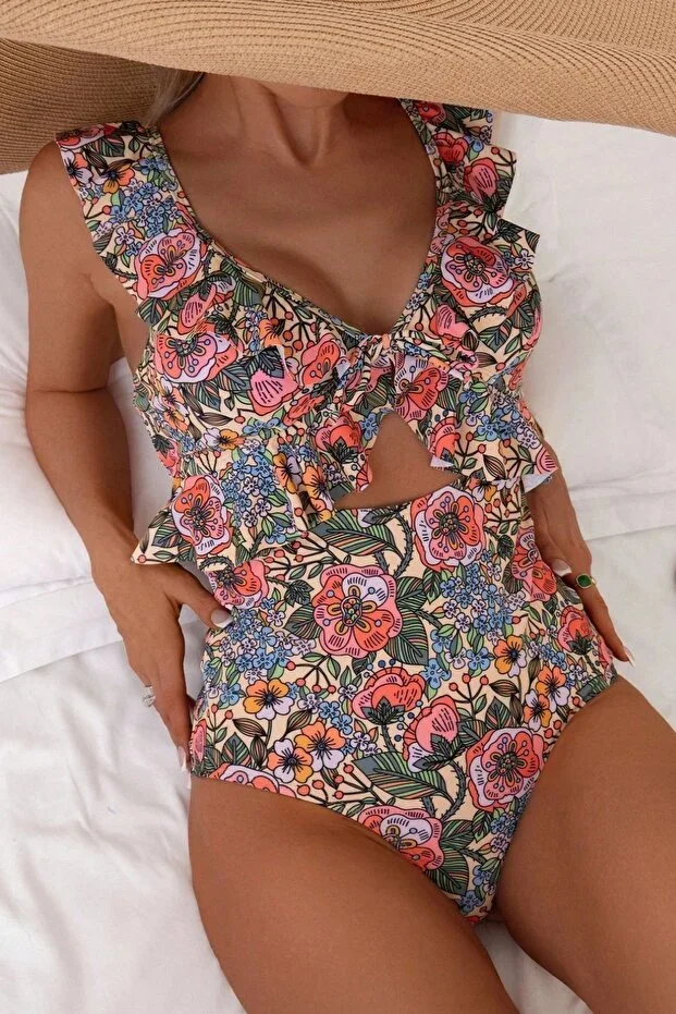 Vintage Floral Print Ruffle Strap Front Slit One-Piece Swimsuit