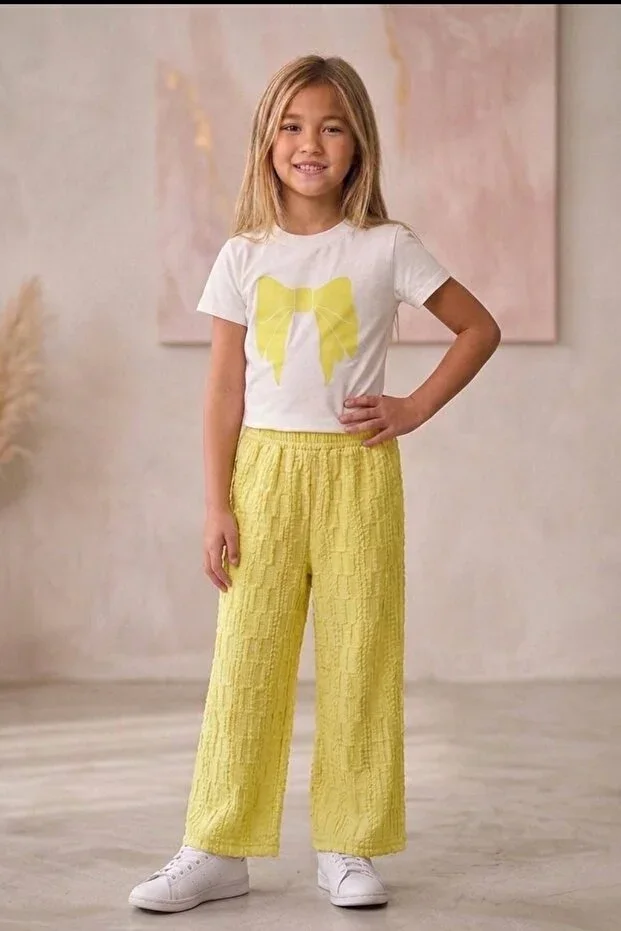 Ribbon Printed Yellow Cotton Girls' Set