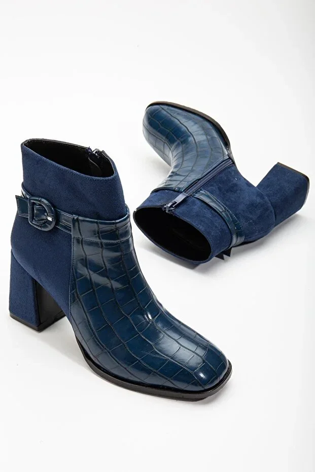 Suede and Crocodile Leather Small Belted Navy Blue Women's Chunky Heel Boot