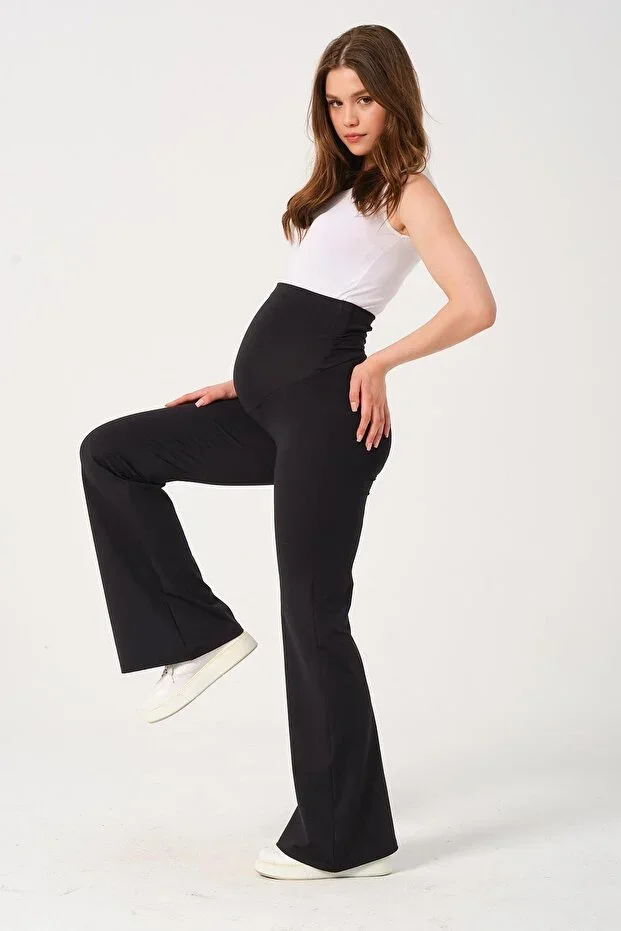 Maternity High Waist Tummy Control Adjustable Waist Bell Bottom Maternity Tights BLACK