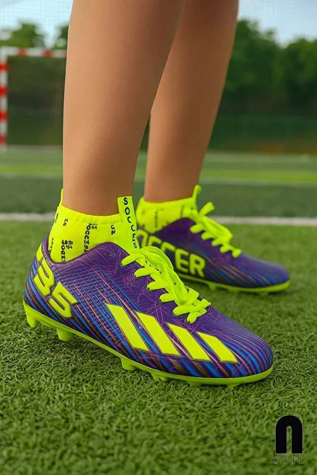 Boys Purple Yellow Turf Cleats Football Boots with Socks F35kr