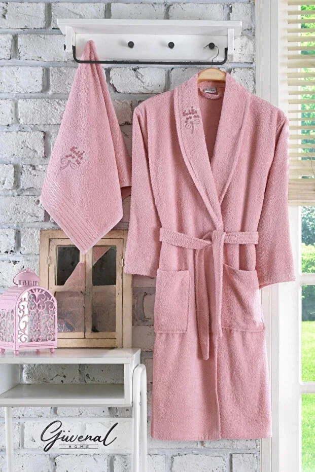 Rüya 2 Piece Embroidered Bathrobe | Bathrobe Set | Dowry Set - Powder