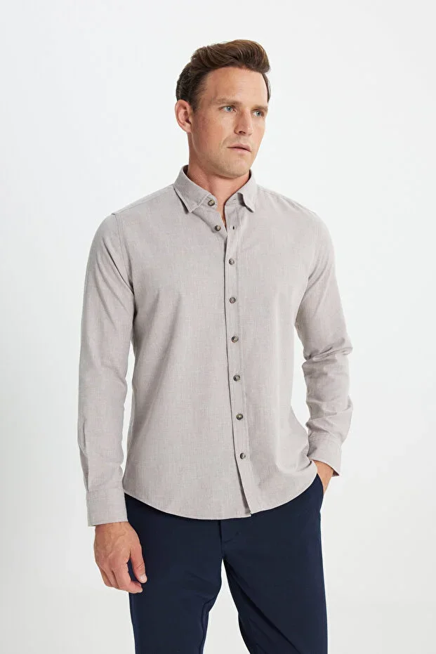 Brown Flannel Oxford Winter Slim Fit Button-Down Collar Shirt