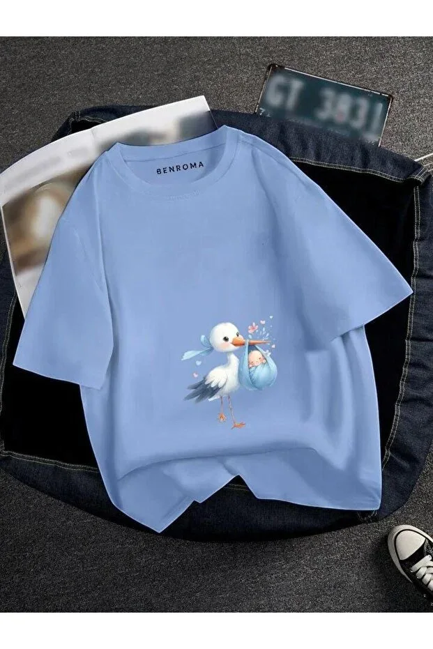 Maternity Blue Stork Printed T-shirt
