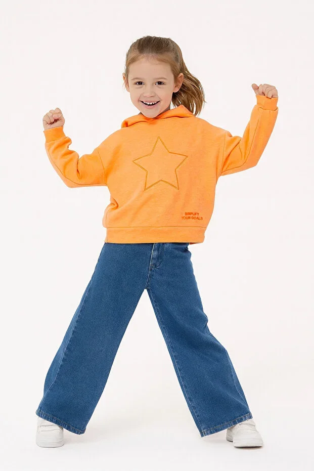 Girl's Hooded Orange Sweatshirt - Star Patterned Letter Embroidered Kids Sweatshirt