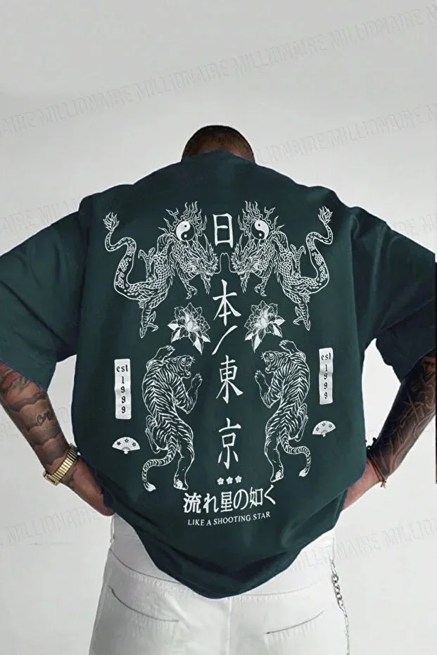 Men's Dragon Print Petrol Green Crew Neck Oversize Loose T-Shirt
