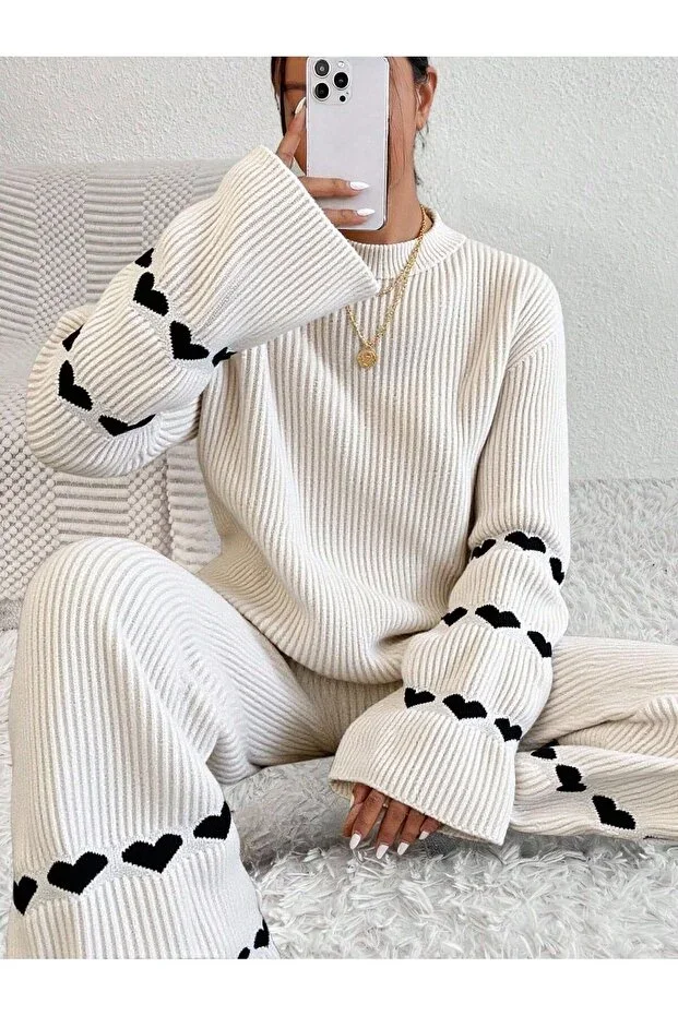 WINTER KNIT TWO-PIECE SET LOOSE SWEATER → PANTS → HEART KNIT SET