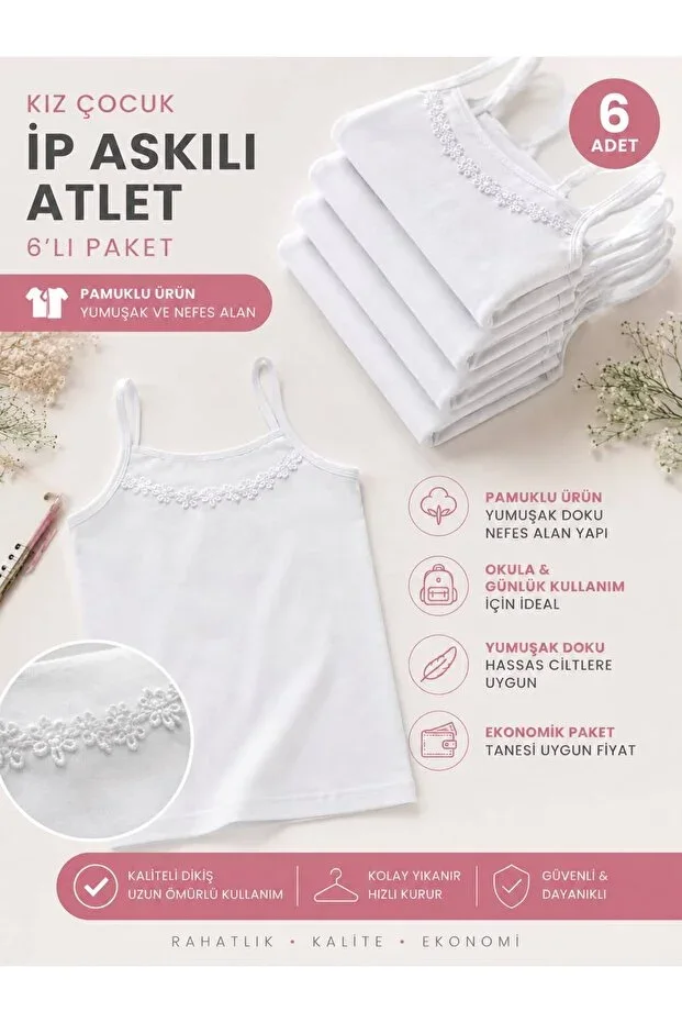 GIRLS TANK TOP SPAGHETTI STRAP COMBED COTTON 6-PACK LACE DETAIL