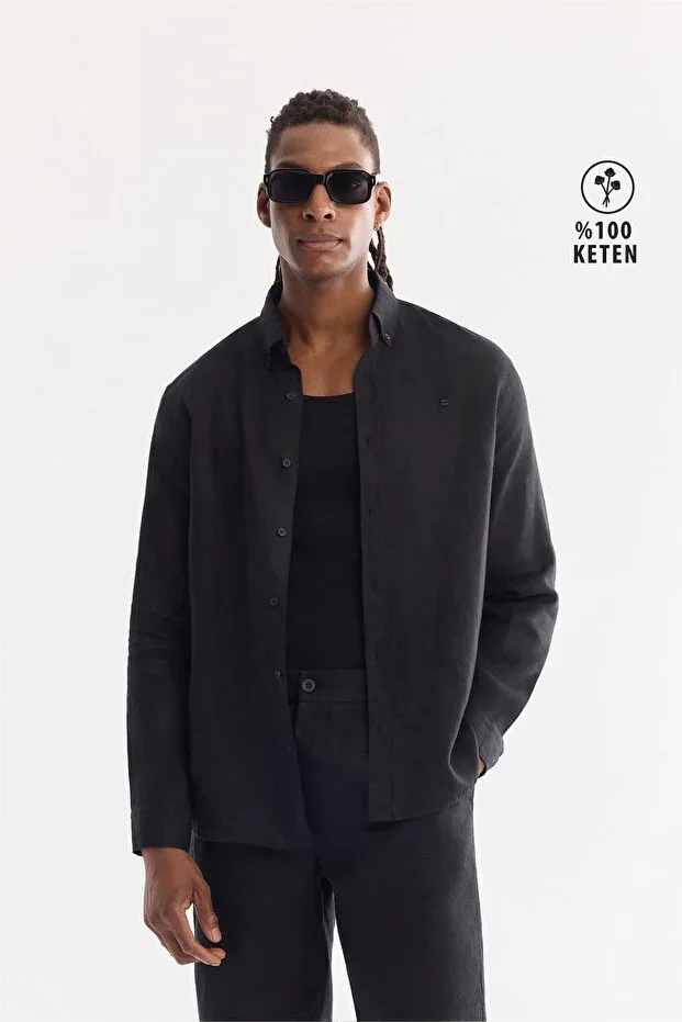 Men's Black Button-Down Collar 100% Linen Comfort Fit Shirt B002191