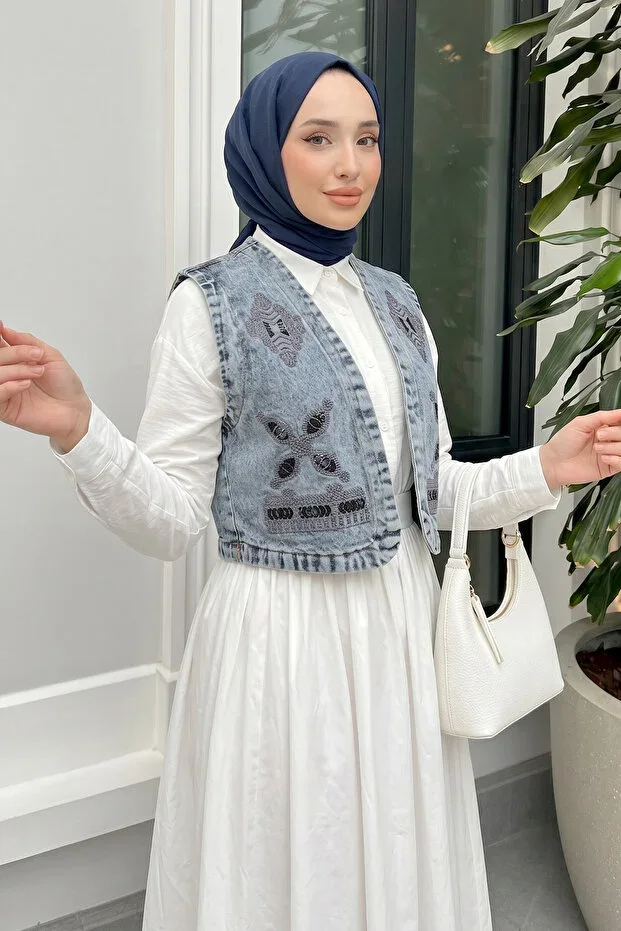 Embroidered Denim Vest 92030 - BLUE