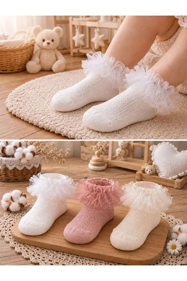 Organic Cotton Premium 3-Pack Baby Tulle Socks / Perfumed / Washed / Seamless Toe