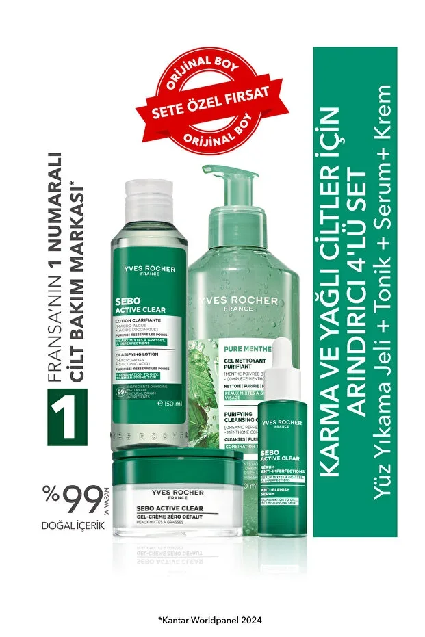 Yves Rocher Purifying 4-Piece Set for Combination and Oily Skin - Cleansing Gel 390 ml & Tonic 150 ml & Cream 50 ml & Serum 30 ml