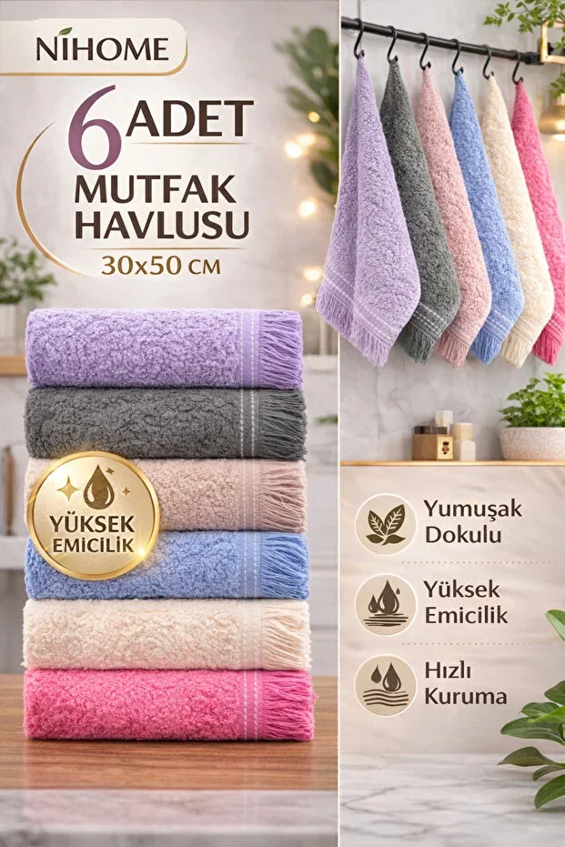 6 Kitchen Towels 30x50 Cm | Drying Cloth | Basket | Cotton Hand Towel Set | 6 Colors