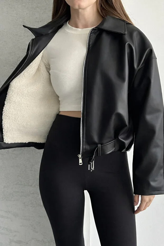 Women's Fur Lined Oversize Leather Jacket - Plush Lined Biker Leather Jacket