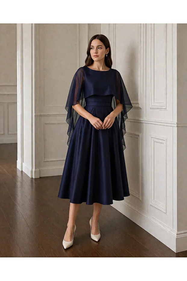 essolaria NUR Navy Scuba /Crepe Chiffon Cape Midi Wedding Ceremony Evening Dress/Gown